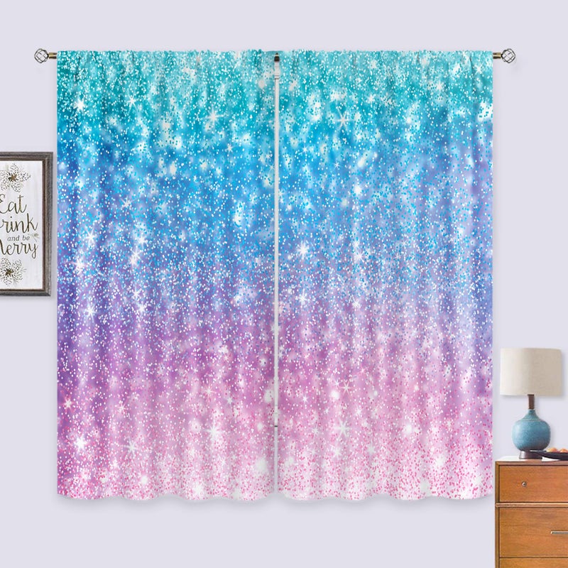 Cinbloo Girly Blue Purple Teal Curtains 42W x 63L Inch Rod Pocket Not Glitter Colorful Pink Spot Girls Bedroom Decor Ombre Turquoise Dots Mermaid Princess Living Room Window Drapes Fabric 2 Panel - Image 3